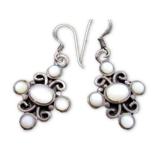 Beautiful White Gemstone Cabs Sterling Silver Filigree Dangle Drop Earrings